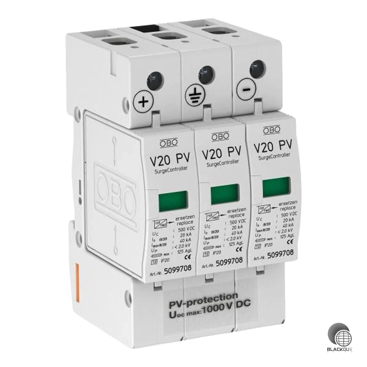 Typ-2-Überspannungsableiter für dreiphasige DC-PV-Anlagen bis 1000 V – schützt zuverlässig mit bis zu 40 kA Ableitvermögen pro Pol und ist nach EN 50539-11 (VDE/KEMA) geprüft.