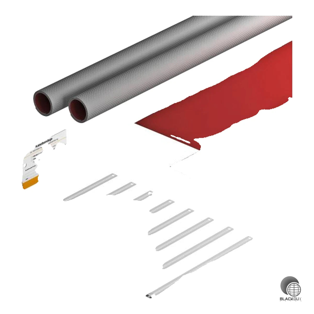 Komplettset mit witterungsbeständiger Brandschutzbandage PYROWRAP Wet zur Umhüllung von Kabelbündeln und Kabeltragesystemen im Außenbereich. Verhindert zuverlässig die Brandweiterleitung bei Photovoltaikleitungen über Brandwände.