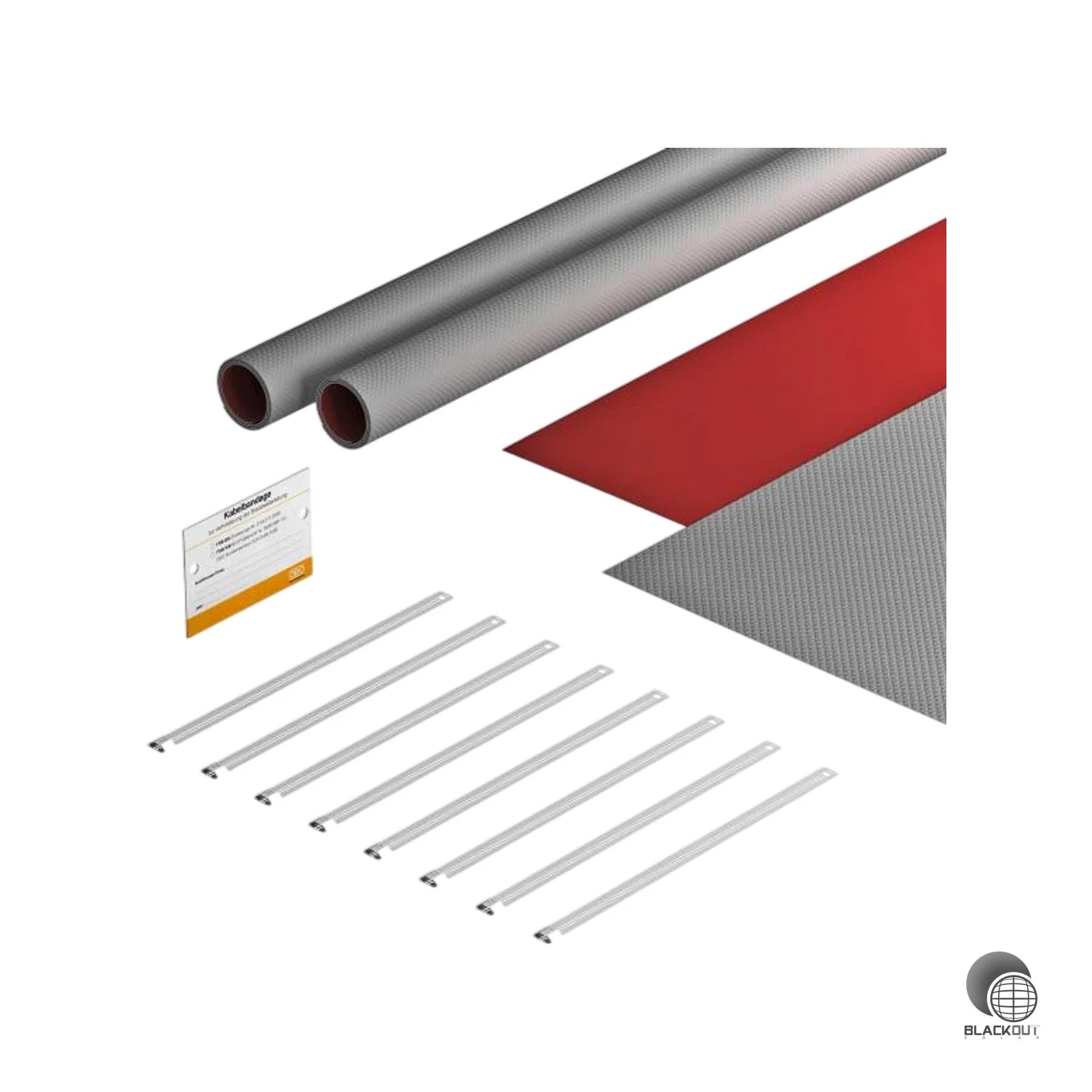 Komplettset mit witterungsbeständiger Brandschutzbandage PYROWRAP Wet zur Umhüllung von Kabelbündeln und Kabeltragesystemen im Außenbereich. Verhindert zuverlässig die Brandweiterleitung bei Photovoltaikleitungen über Brandwände.