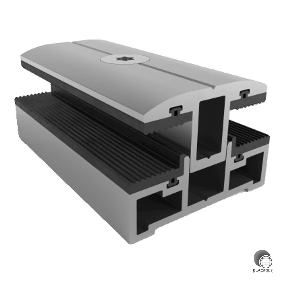 Aluminium-Mittelklemme von Schletter für die Laminatmontage von PV-Modulen mit einer Stärke von 3–8 mm – inkl. Senkkopfschraube und Vierkantmutter.