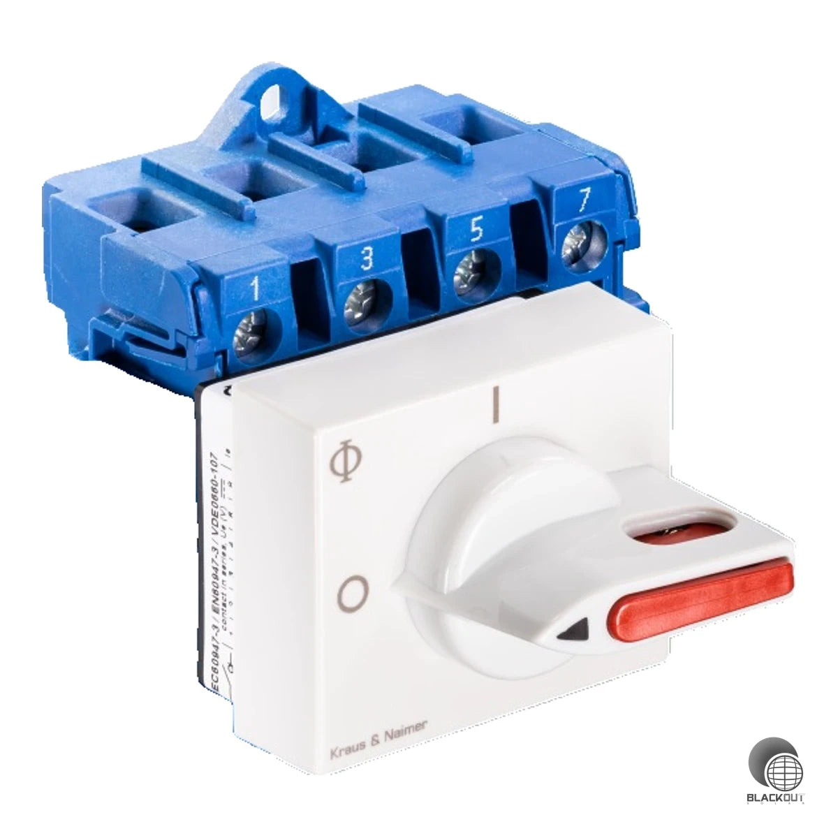 4-poliger DC-Lasttrennschalter für Photovoltaikanlagen mit 50 A Bemessungsstrom und bis zu 1000 V DC Isolationsspannung. Sichere Trennung von PV-Strings dank verriegelbarem Drehknopf und Hutschienenmontage.