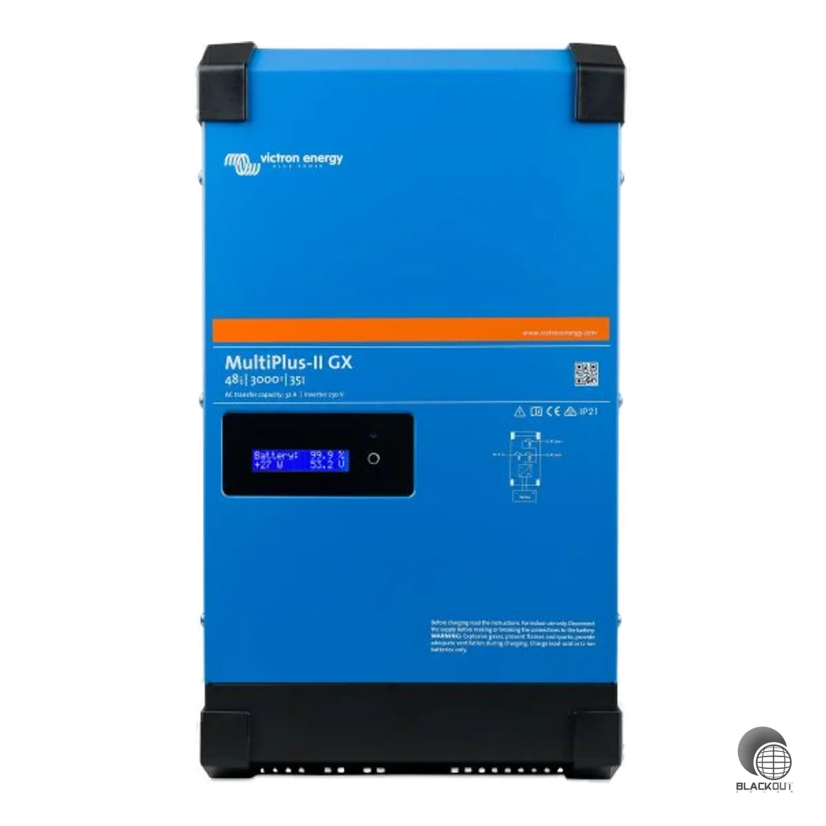 Kombiniertes Wechselrichter-/Ladegerät mit integriertem GX-Gerät und LCD-Display für netzgebundene und netzferne Energiespeichersysteme. Bietet 3000 VA Ausgangsleistung bei 48 V mit PowerAssist, USV-Funktion und Fernüberwachung über VRM-Portal.