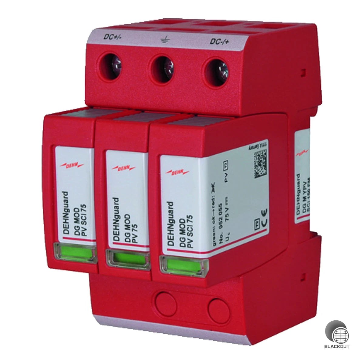 Modularer Überspannungsableiter Typ 2 für PV-Anlagen bis 150 V DC mit patentiertem SCI-Prinzip, Fernmeldekontakt und Gesamtableitstoßstrom von 40 kA — als verdrahtungsfertige Kompletteinheit für die Hutschiene.