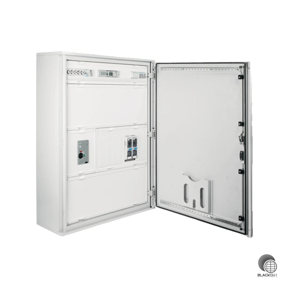 Robuster AC-Sammlerschrank von Hager für PV-Anlagen bis 110 kVA, speziell für das Salzburg Netz zugelassen – mit 5-poliger Sammelschiene, Schutzklasse II und IP65-Schutz für die Außenmontage.