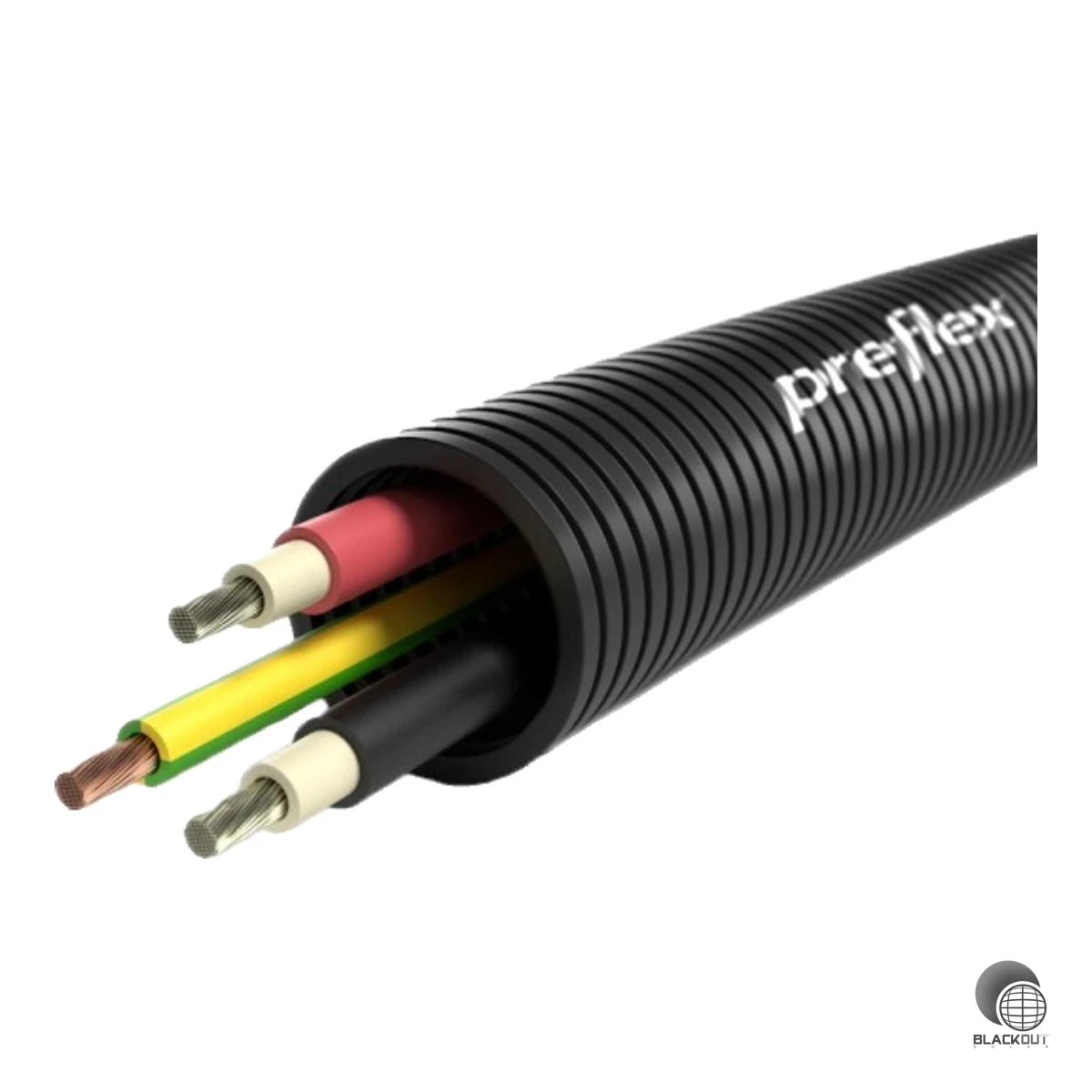 UV-stabiles, halogenfreies Elektroinstallationsrohr (Ø 25 mm) aus Polypropylen, vorverdrahtet mit 2×4 mm² H1Z2Z2-SR und 1×6 mm² H07Z1-GG – ideal für die schnelle, normgerechte Installation von Photovoltaikanlagen.