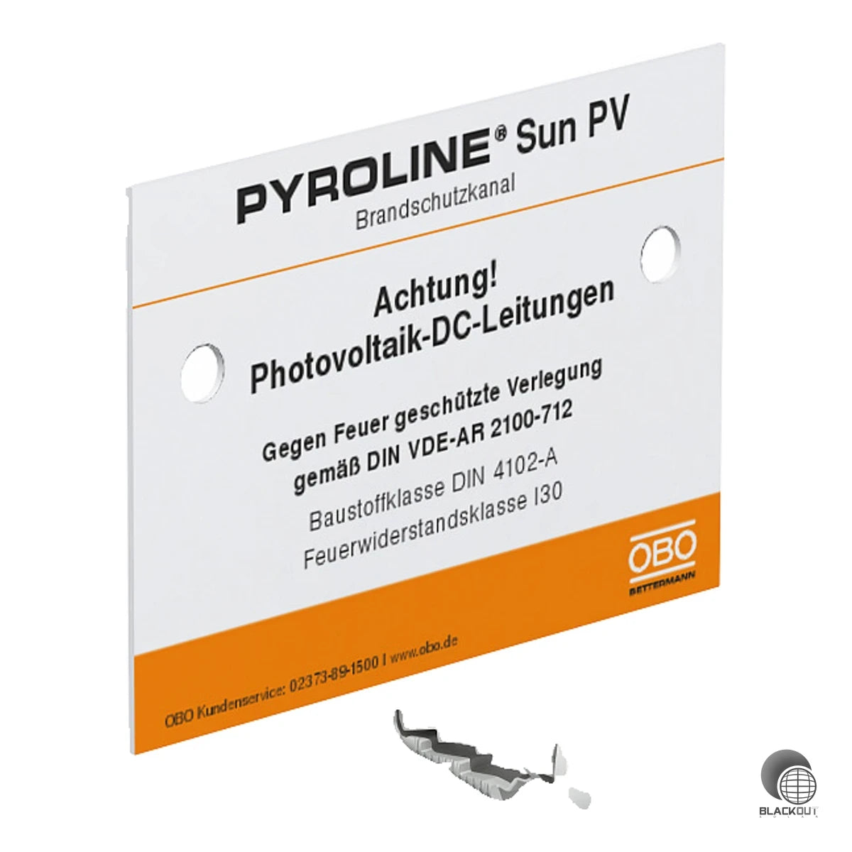 Hinweisschild zur normgerechten Kennzeichnung von Brandschutzkanälen als Photovoltaikkanal gemäß VDE-Anwendungsregel. Aus weißem PVC gefertigt, inkl. 2 Steckdübeln zur einfachen Montage.