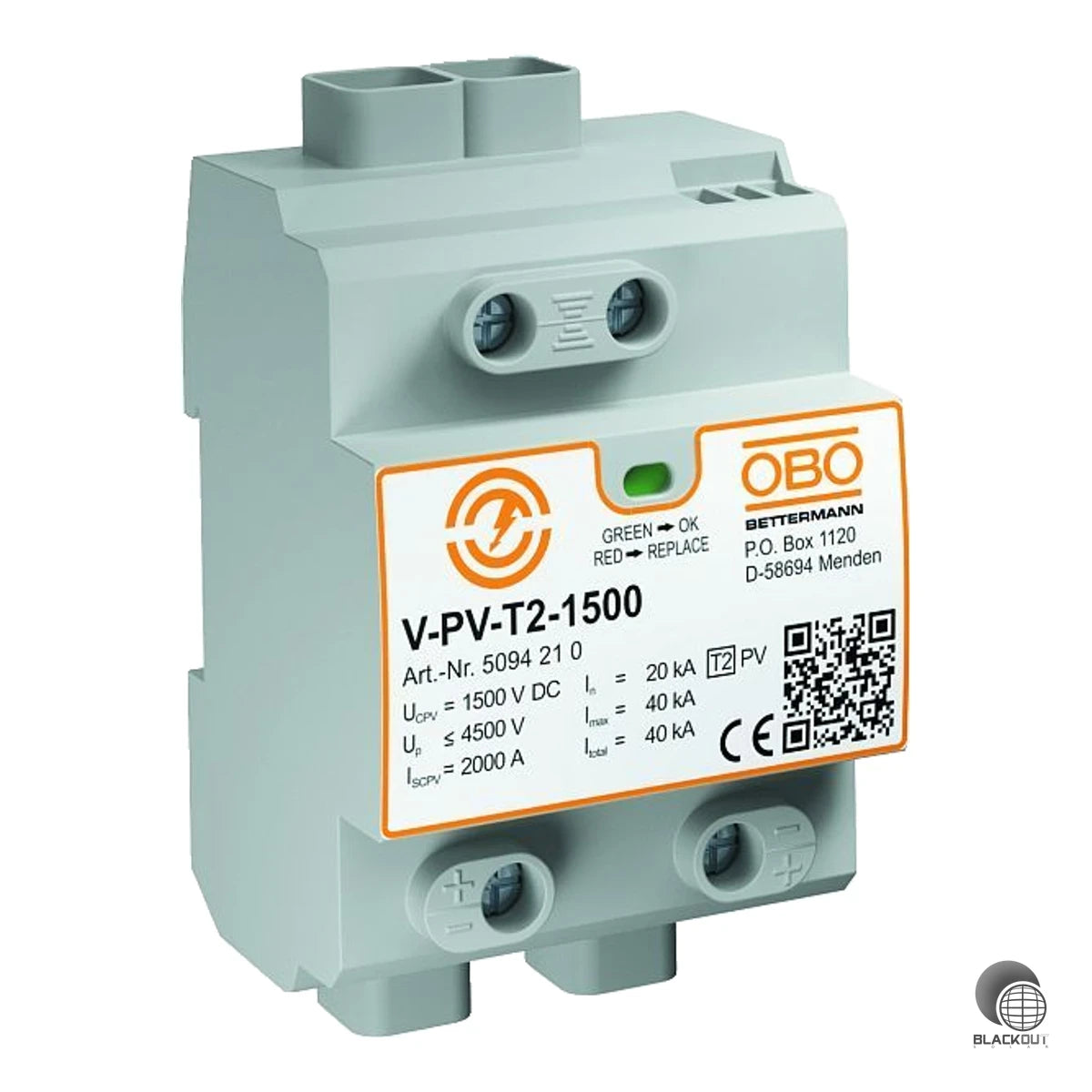 Typ 2 Überspannungsschutz in fehlerresistenter Y-Schaltung für PV-Anlagen bis 1500 V DC. Mit optischer Statusanzeige und einem Ableitvermögen von bis zu 40 kA (8/20).