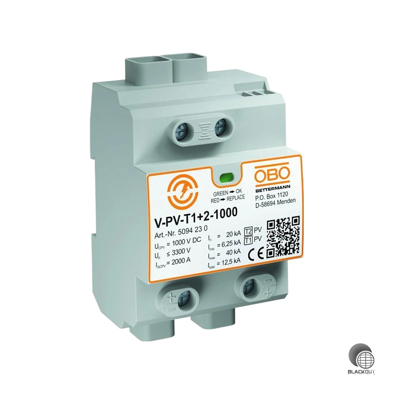 Kombinierter Blitzstrom- und Überspannungsableiter Typ 1+2 für PV-Anlagen bis 1000 V DC — schützt die gesamte Anlage mit einer einzigen kompakten Einheit auf der Hutschiene.