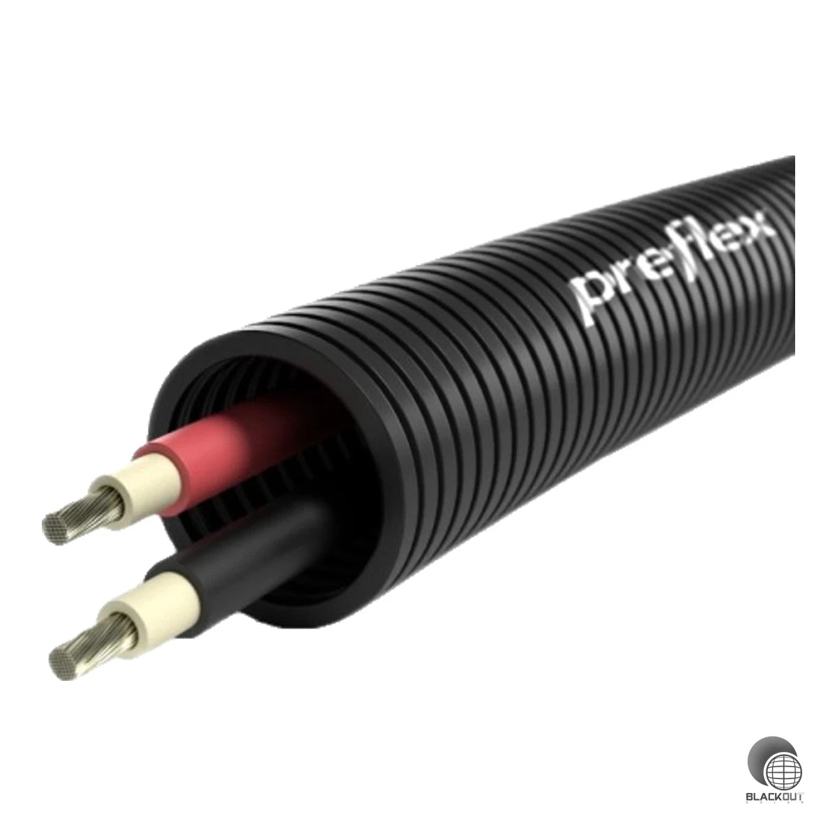 UV-stabiles, halogenfreies Elektroinstallationsrohr Ø 25 mm, vorverdrahtet mit 2×4 mm² H1Z2Z2-Solarkabeln (rot/schwarz) als 100-m-Bund — für die schnelle und einfache Installation von Photovoltaikanlagen.
