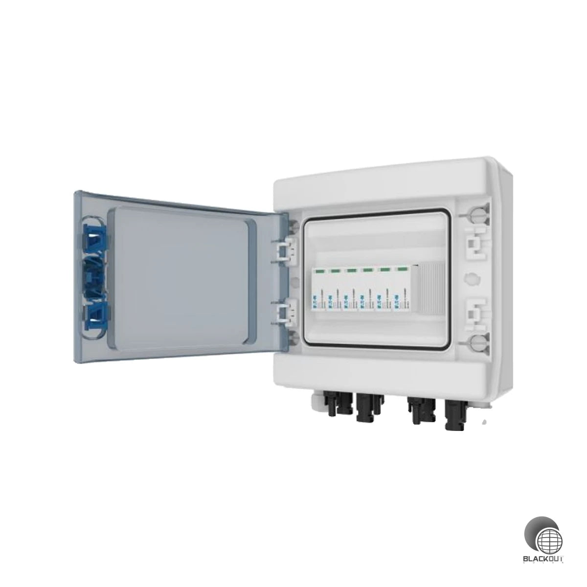 Professionelle DC-Stringbox von Eaton für PV-Anlagen — mit MC4-Anschlüssen und integriertem Überspannungsschutz für bis zu 8 Strings.