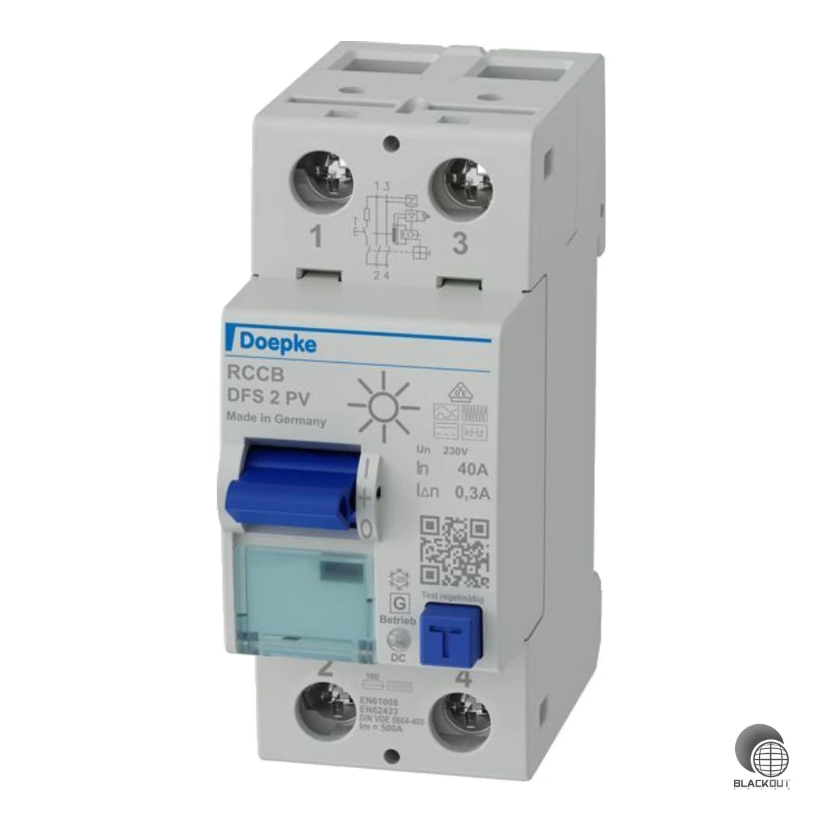 Allstromsensitiver Fehlerstromschutzschalter Typ B+ von Doepke, speziell für Photovoltaikanlagen entwickelt – mit PV-optimierter Kurzzeitverzögerung für minimale Fehlauslösungen und maximalen Brandschutz.