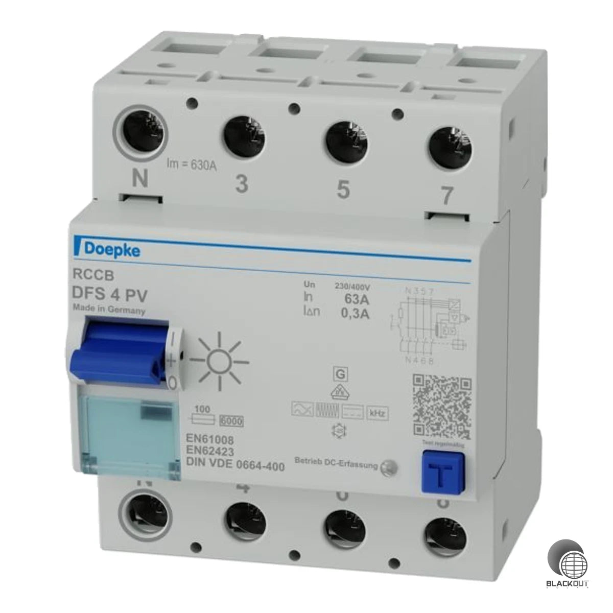Allstromsensitiver Fehlerstromschutzschalter Typ B+ von Doepke, speziell für Photovoltaikanlagen – 4-polig, 63 A, 300 mA, mit PV-optimierter Kurzzeitverzögerung für zuverlässigen Betrieb ohne Fehlauslösungen.