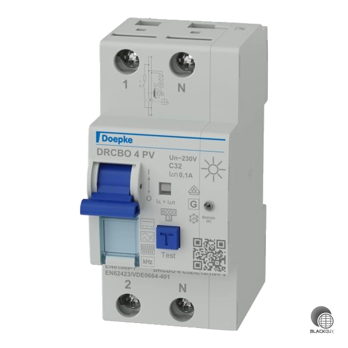 PV-optimierter FI-/LS-Kombischalter von Doepke, der Fehlerstrom- und Leitungsschutz platzsparend in einem Gerät vereint — allstromsensitiv (Typ B+) und kurzzeitverzögert für zuverlässigen Betrieb in Photovoltaikanlagen.
