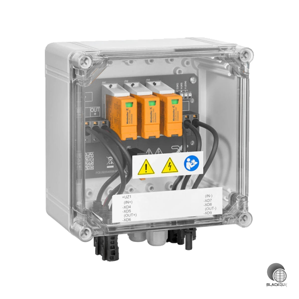 DC-Stringbox für Photovoltaikanlagen mit Überspannungsschutz Typ 2, ausgelegt für 1100 V und einen MPP-Tracker-Eingang mit zwei Strings.