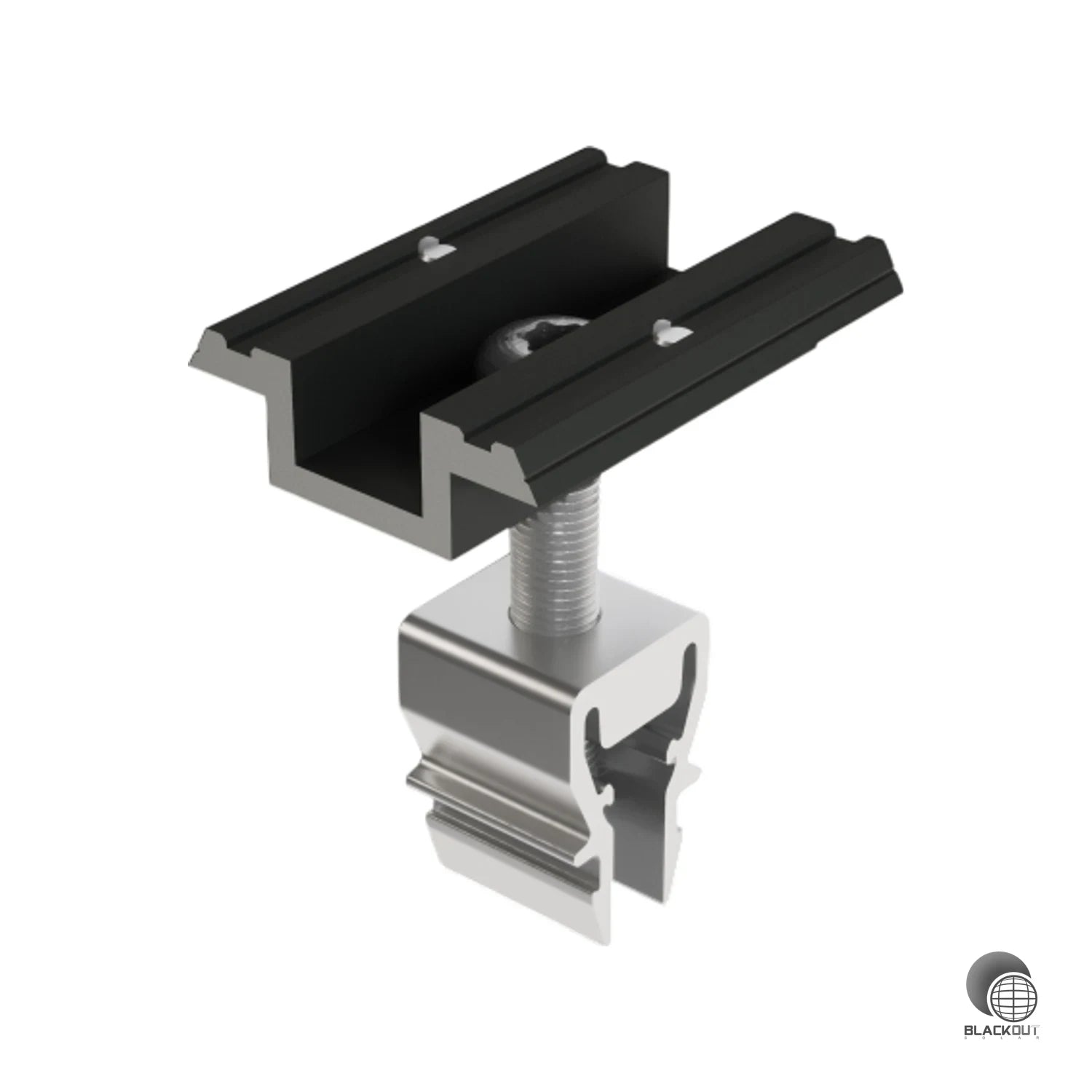 Aluminium-Mitteklemme für das PREFA PREVARIO Solarmontagesystem, passend für Modulrahmen von 37 bis 47 mm. Schwarz eloxierte Oberfläche mit integriertem Potentialausgleich über eingebaute Pins.