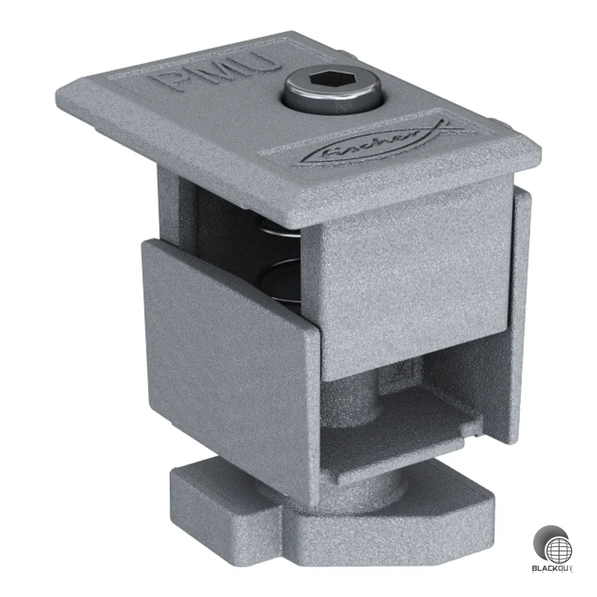 Universelle PV-Klemme für Moduldicken von 30 bis 50 mm, einsetzbar als Mittel- und Endklemme. Kompatibel mit SolarFish H33, H44, H83 und SolarMetal Profilen.