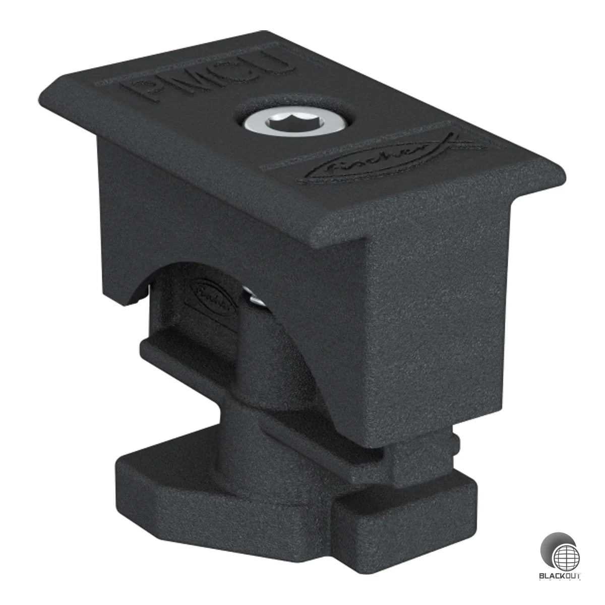 Universelle Mittelklemme für PV-Module mit 30 bis 50 mm Rahmenstärke. Schnelle Montage durch einfaches Eindrehen in kompatible Schienensysteme.