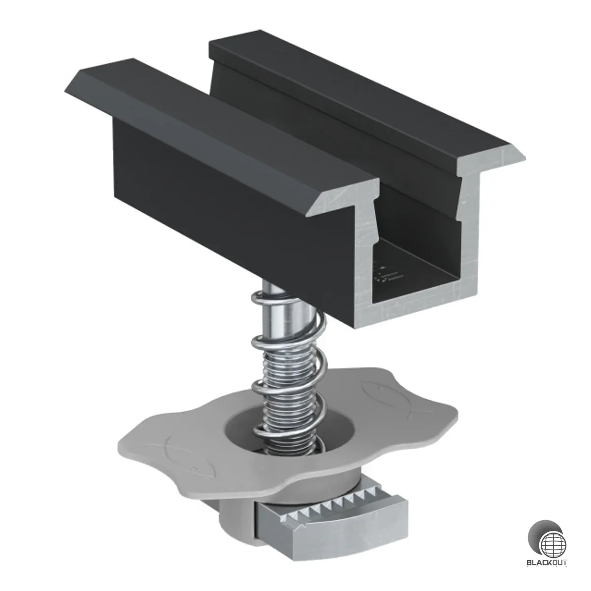 Vormontierte Mittelklemme für PV-Module mit 33–39 mm Rahmendicke. Hammermutter mit Kunststoffkäfig und Federmechanismus ermöglichen schnelle, werkzeugfreundliche Montage auf Standardschienen.