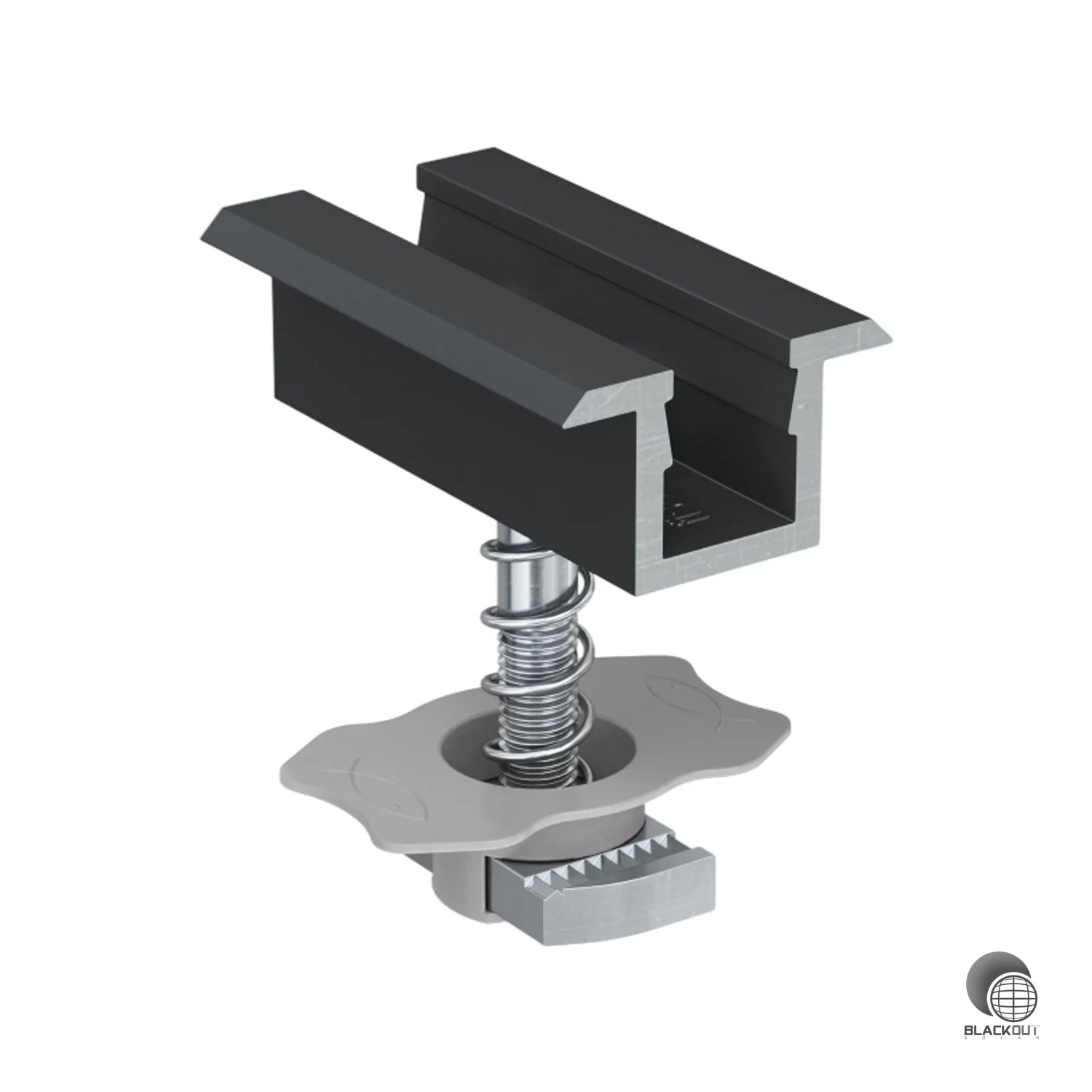 Vormontierte Mittelklemme für PV-Module mit 33–39 mm Rahmendicke. Hammermutter mit Kunststoffkäfig und Federmechanismus ermöglicht schnelle, werkzeugfreundliche Montage auf Standardschienen.