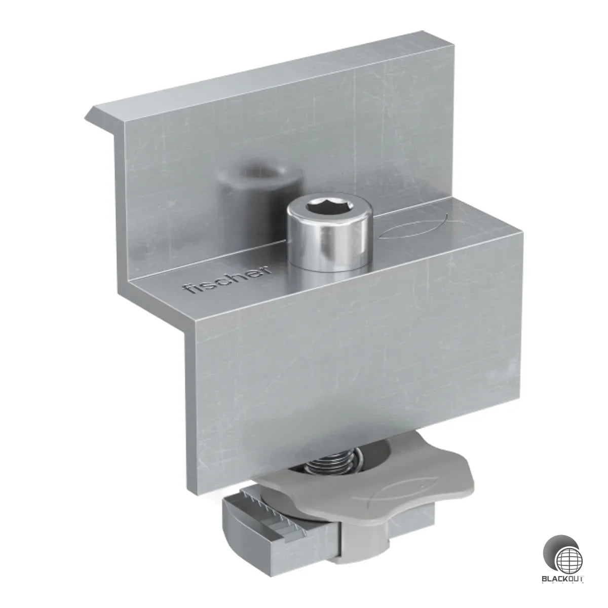 Vormontierte Endklemme PM F 30 von Fischer Austria für PV-Module mit Aluminiumrahmen. Mit Hammermutter und Federmechanismus für schnelle Positionierung auf der Montageschiene.