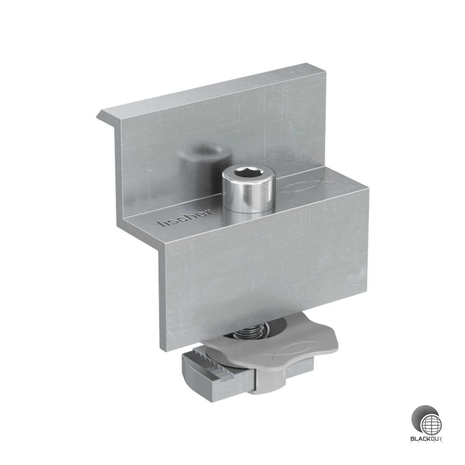Vormontierte Endklemme für PV-Module mit 40mm Aluminiumrahmen. Dank Hammermutter mit Kunststoffkäfig und integrierter Feder schnell in der Montageschiene positionierbar.