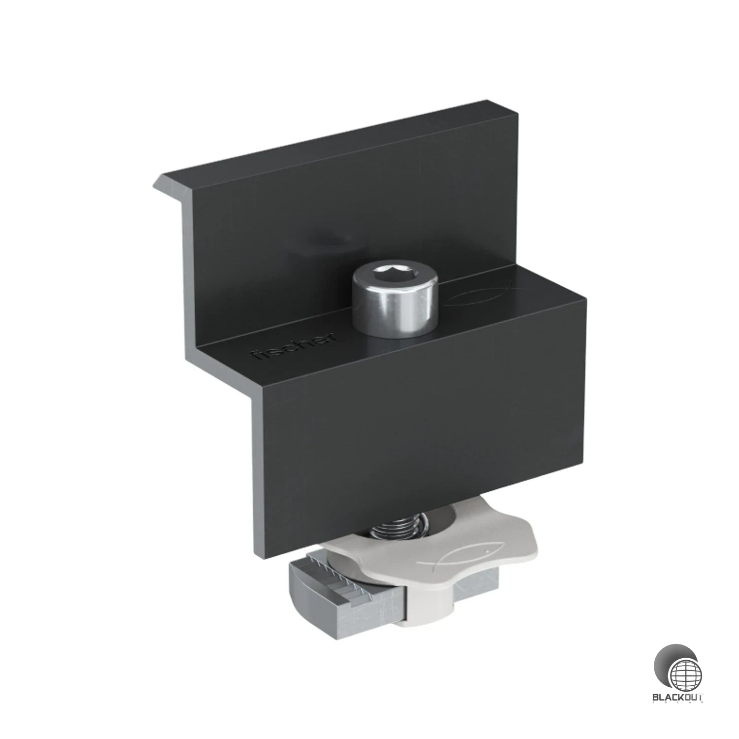 Vormontierte Endklemme PMF 35 von Fischer Austria für die schnelle Befestigung von PV-Modulen mit 35 mm Rahmenstärke auf Schrägdachschienen.