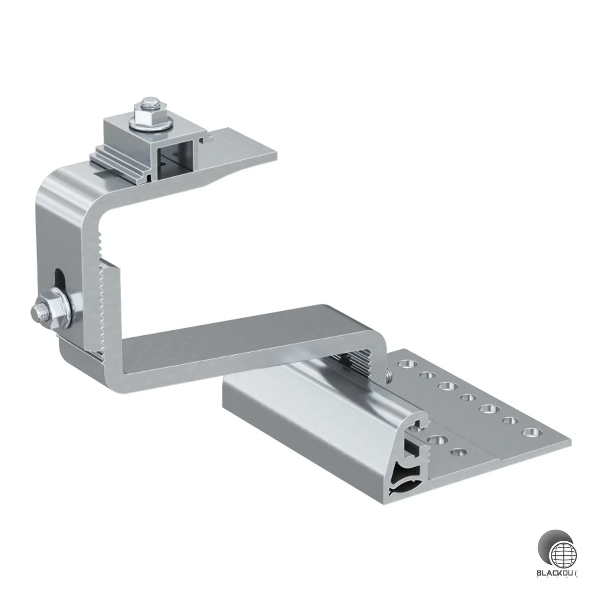 Höhenverstellbarer Aluminium-Dachhaken für die PV-Montage auf Steildächern mit variablen Ziegelstärken. Horizontale Verstellung an der Grundplatte ermöglicht exakte Anpassung an unterschiedliche Dachziegel.