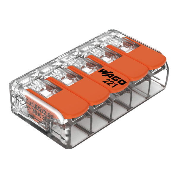WAGO 5-Leiter-Verbindungsklemme mit Betätigungshebeln, 0,5-6 mm²