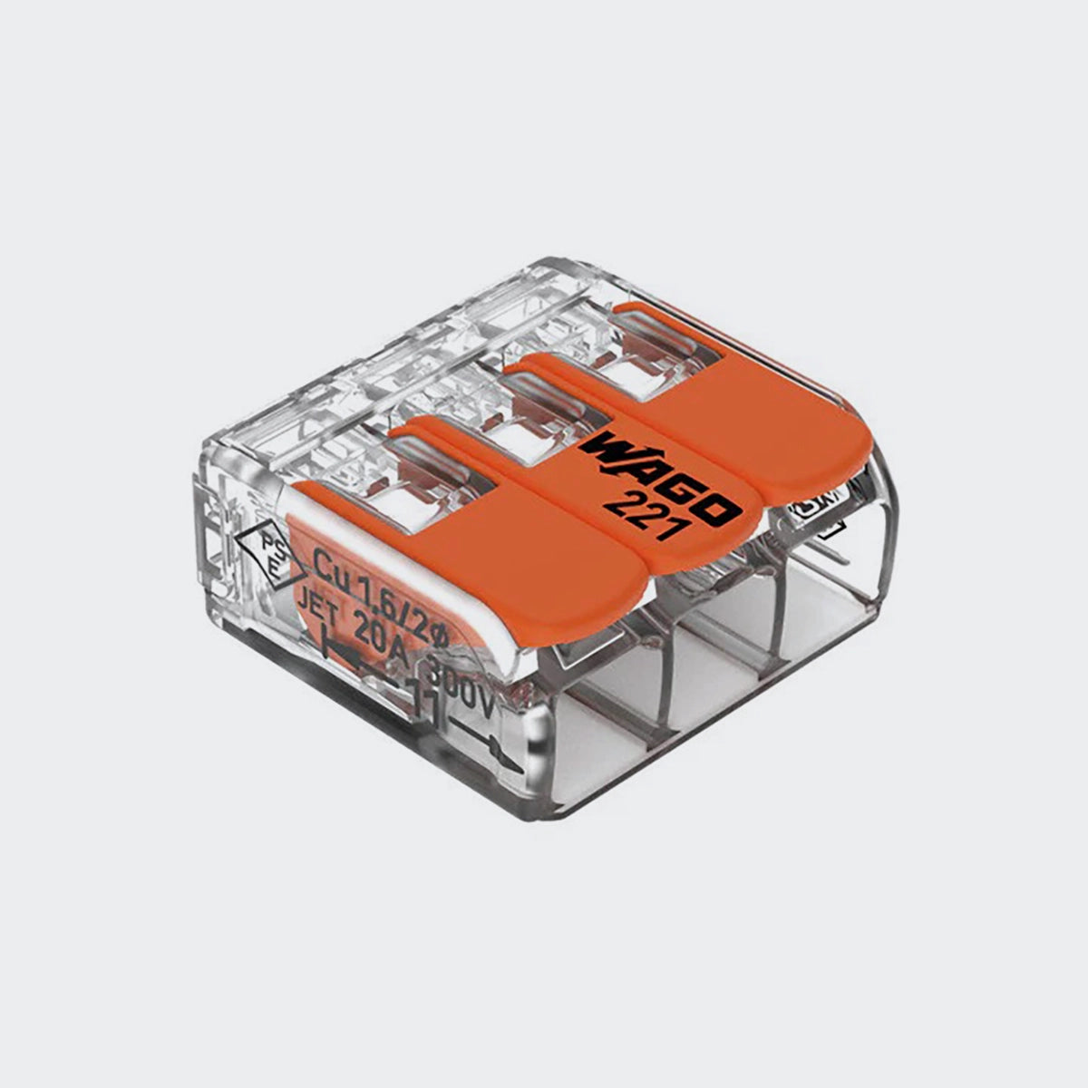 WAGO 3-Leiter Verbindungsklemme mit Hebeln, für alle Leiterarten, max. 4mm², transparent