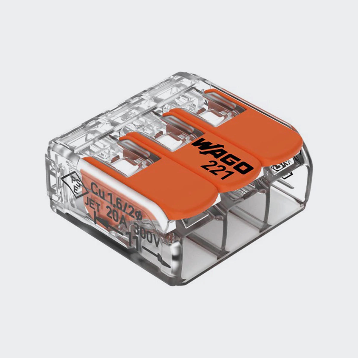 WAGO 3-Leiter Verbindungsklemme mit Hebeln, für alle Leiterarten, max. 4mm², transparent