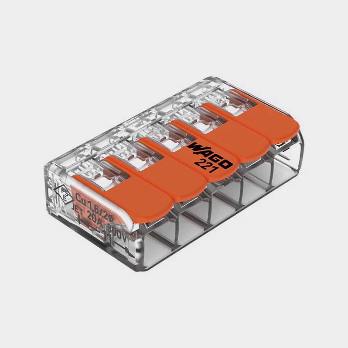 WAGO Verbindungsklemme mit Hebeln, für alle Leiterarten, max. 6mm², transparent