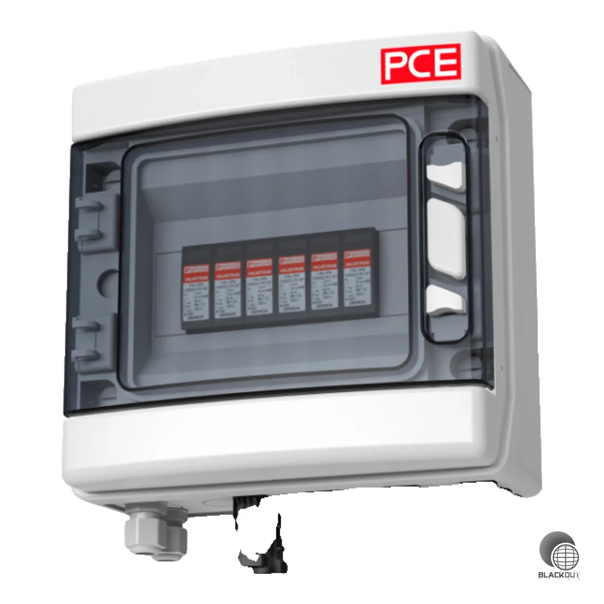 Fertig verdrahtete DC-Stringbox mit kombiniertem Blitzstrom- und Überspannungsschutz Typ 1+2 für PV-Anlagen mit 2 MPP-Trackern und je 1 String. Ausgelegt für bis zu 1000 V DC mit MC4-Steckverbindern und Schutzart IP54.