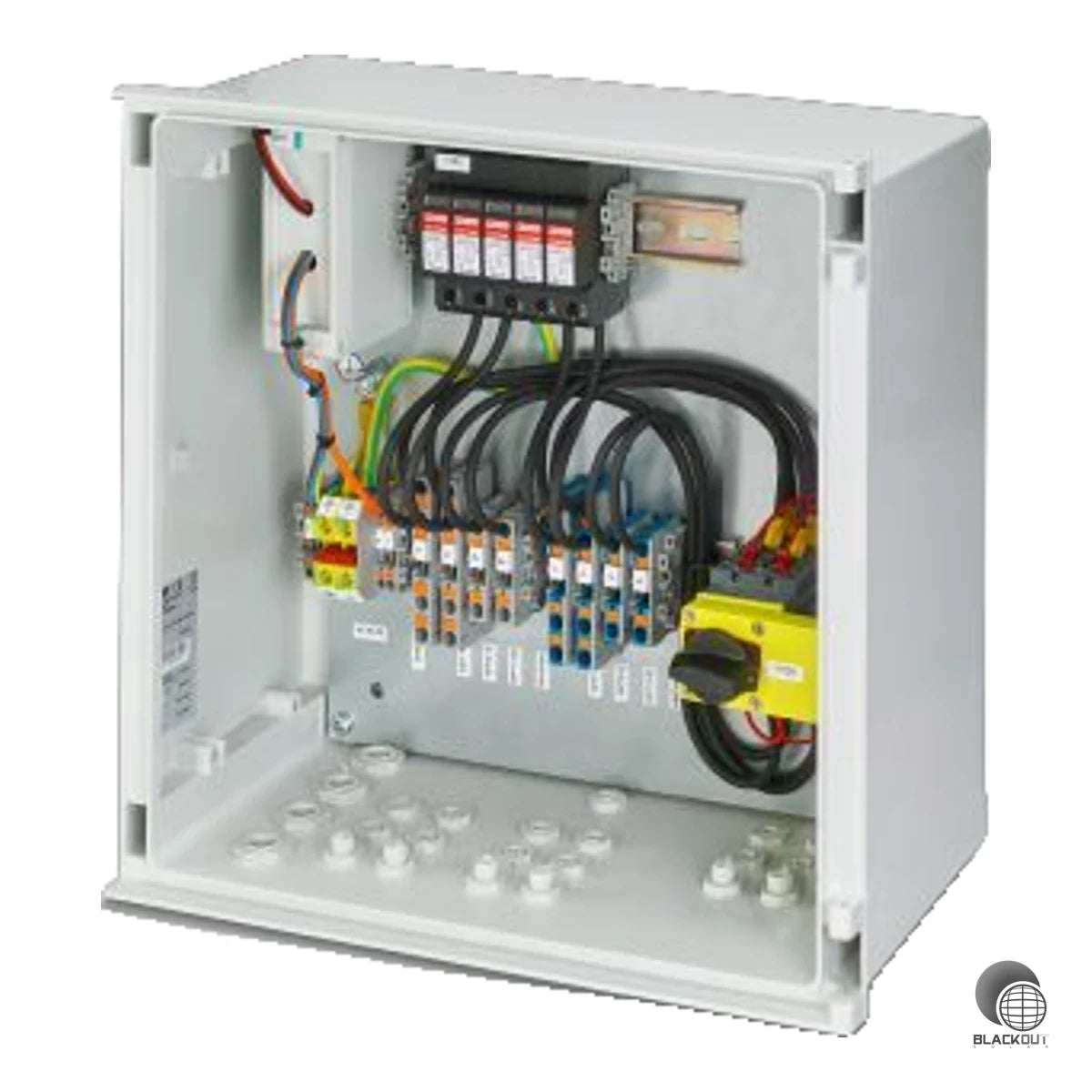Generatoranschlusskasten von Phoenix Contact mit integriertem DC-Feuerwehrschalter und Überspannungsschutz Typ 1/2 für 1- bis 2-String-PV-Anlagen bei 1000 V DC Systemspannung.