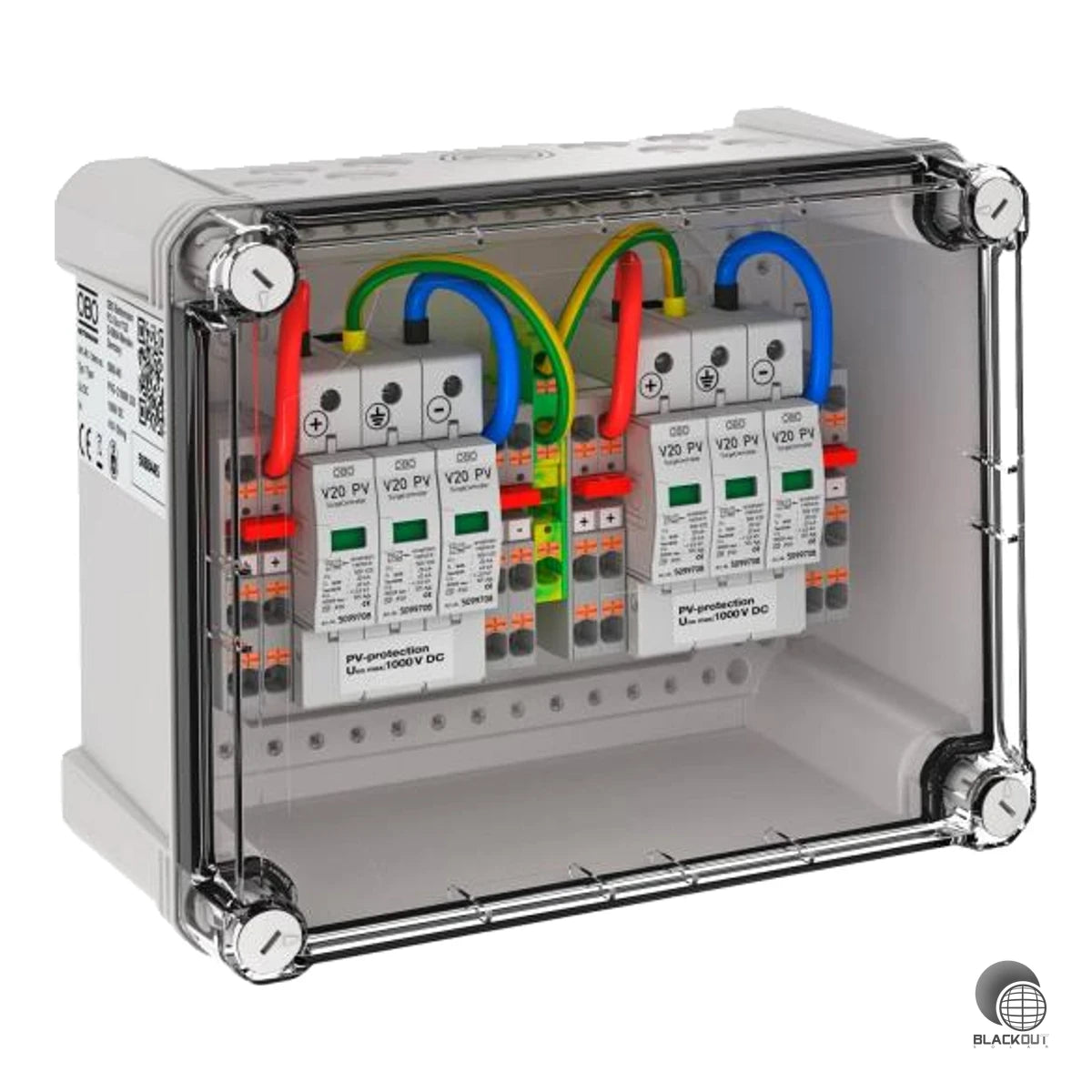 Typ-2-Generatoranschlusskasten für PV-Anlagen mit 2 MPP-Tracker-Ausgängen und integriertem Varistorableiter – schützt den Wechselrichter zuverlässig vor Überspannungen bis 1000 V DC.