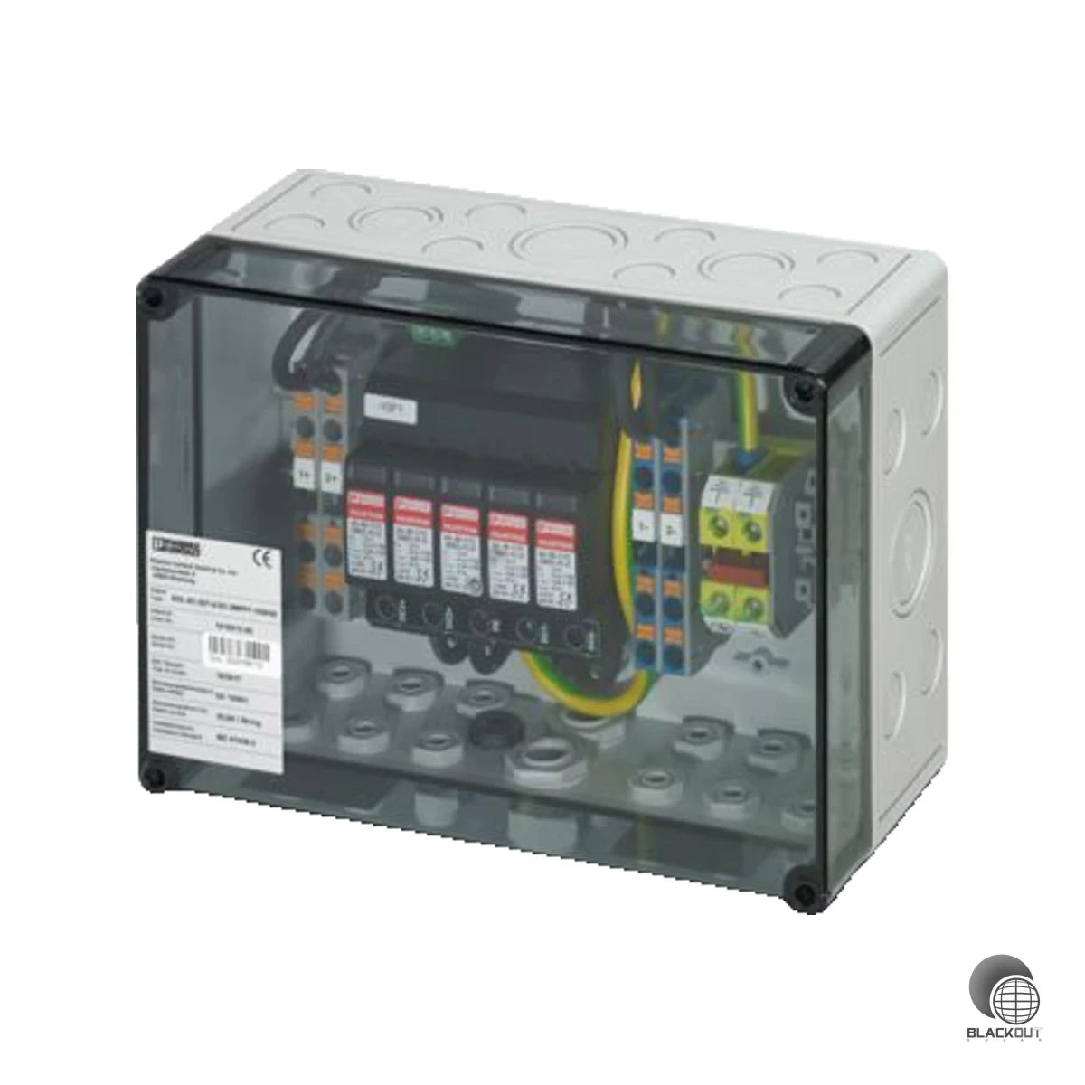 Kompakter DC-Generatoranschlusskasten für Photovoltaikanlagen mit integriertem Überspannungsschutz Typ 2 und Anschluss für bis zu 2×2 Strings – betriebsbereit bis 1.000 V DC.