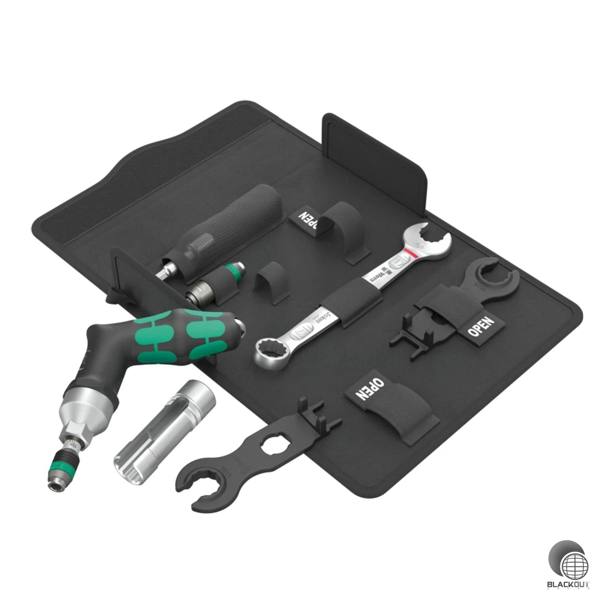 Speziell für die PV-Montage zusammengestelltes 7-teiliges Werkzeugset von Wera – mit Drehmomentschraubendreher (3,0–6,0 Nm), Joker-Ringmaulschlüssel und zwei MC4-Montageschlüsseln für Solar-Steckverbinder.