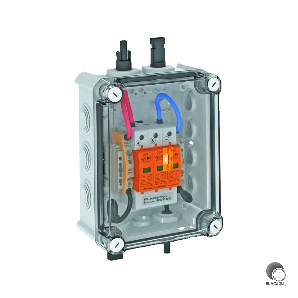Kompakte DC-Stringbox mit kombiniertem Typ-1+2-Blitzschutzableiter und MC4-Anschluss für PV-Anlagen mit einem MPP-Tracker — serienmäßig vormontiert und einsatzbereit.