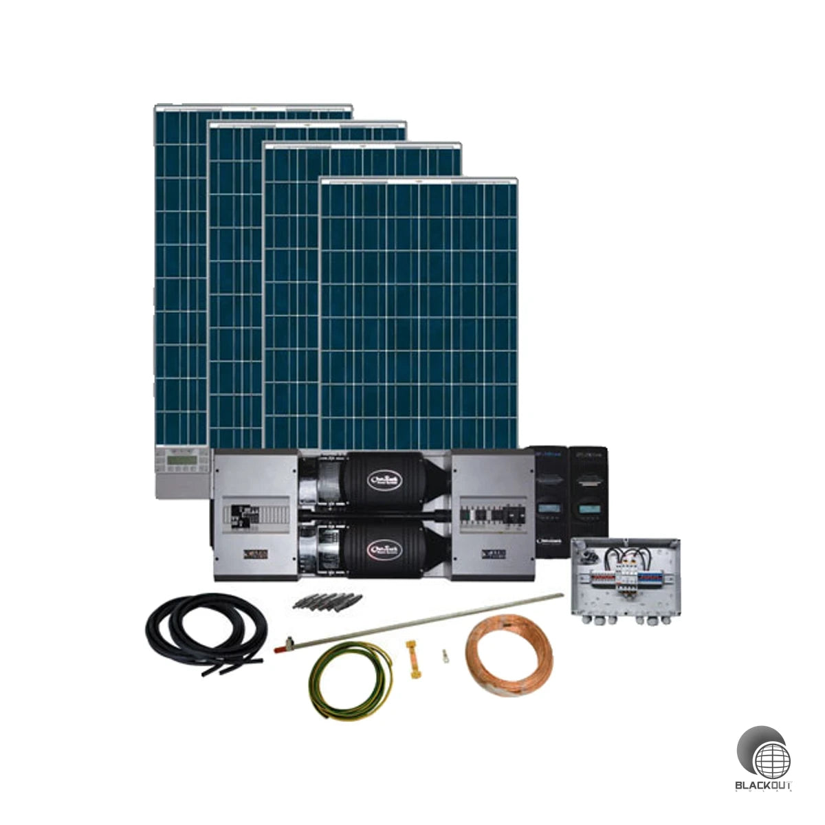 Autarkes Photovoltaik-Komplettpaket für hohen Energiebedarf — inklusive 24 Solarmodulen, Wechselrichter-System und allem Installations-Zubehör, einsatzbereit ohne Netzanschluss.
