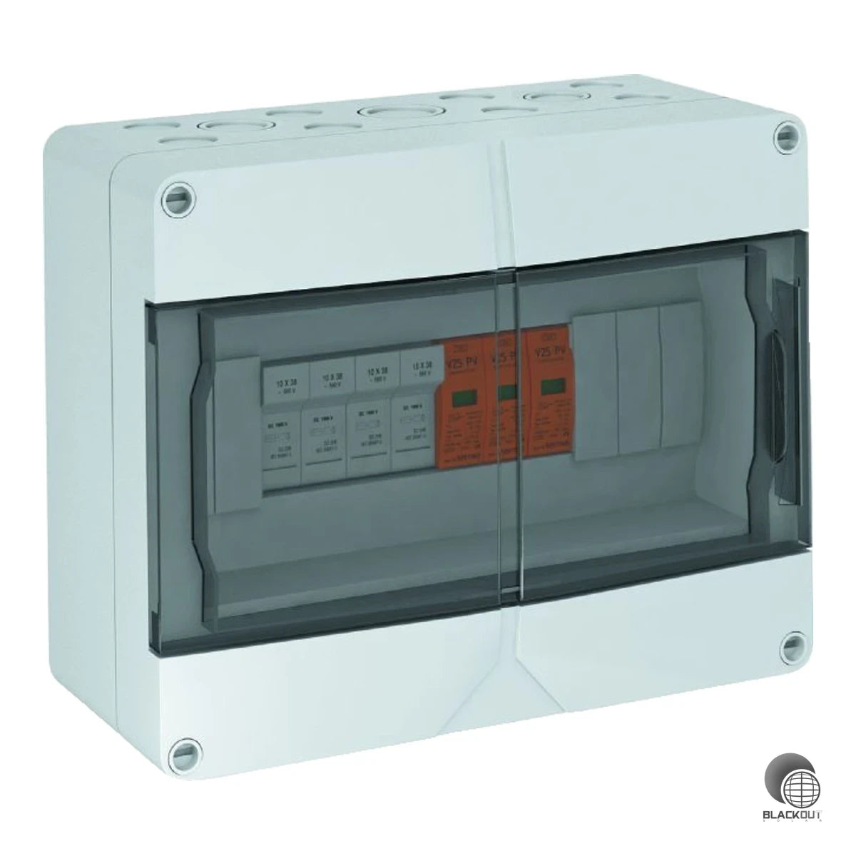 Vormontierte DC-Stringbox für 4 PV-Strings mit Typ 1+2 Überspannungsschutz und PV-Sicherungen (unbestückt) in fehlerresistenter Y-Schaltung nach VDE 0100-712. Robustes IP65-Gehäuse aus UV-beständigem Polycarbonat für den Außeneinsatz.