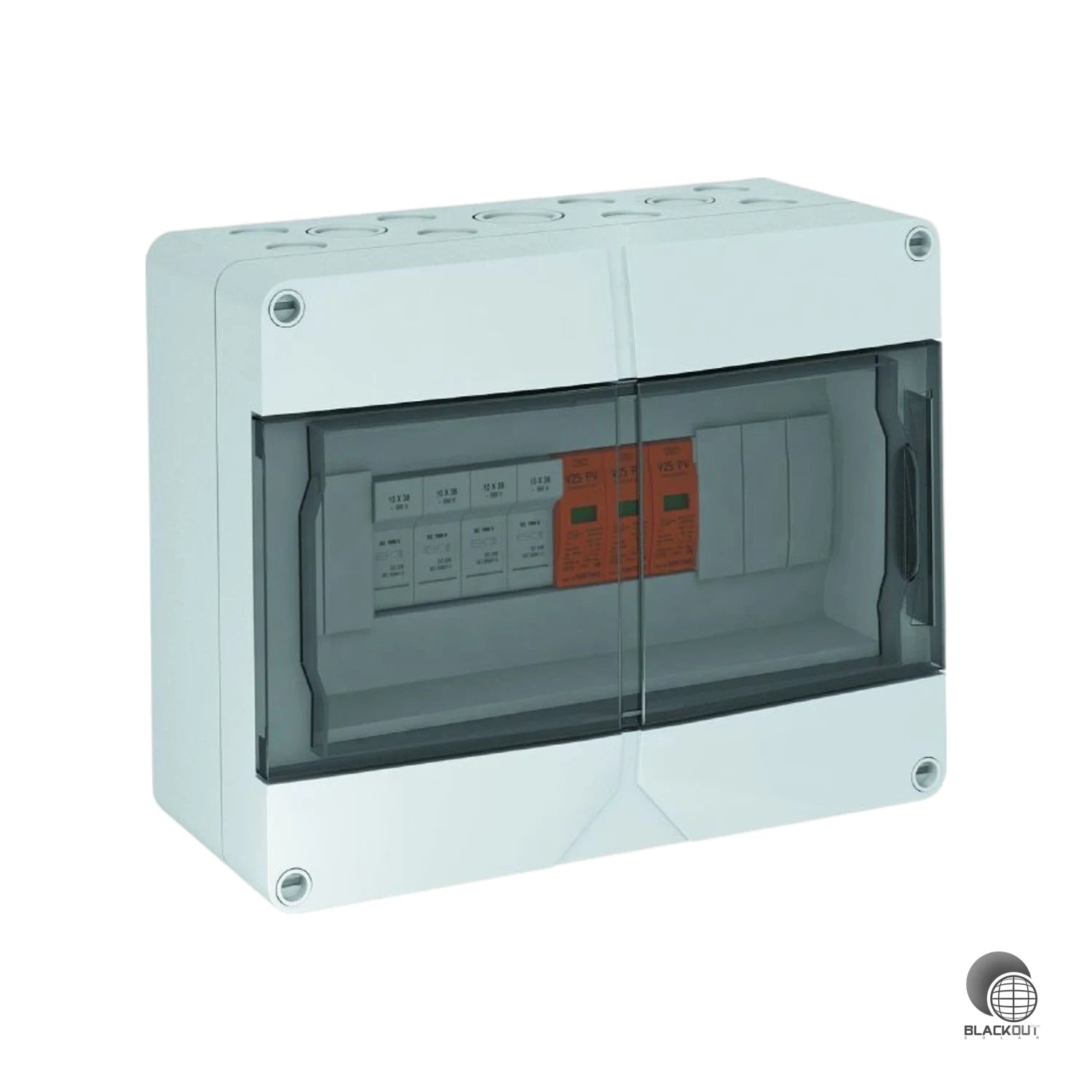 Vormontierte DC-Stringbox für 4 PV-Strings mit Typ 1+2 Überspannungsschutz und PV-Sicherungen (unbestückt) in fehlerresistenter Y-Schaltung nach VDE 0100-712. Robustes IP65-Gehäuse aus UV-beständigem Polycarbonat für den Außeneinsatz.