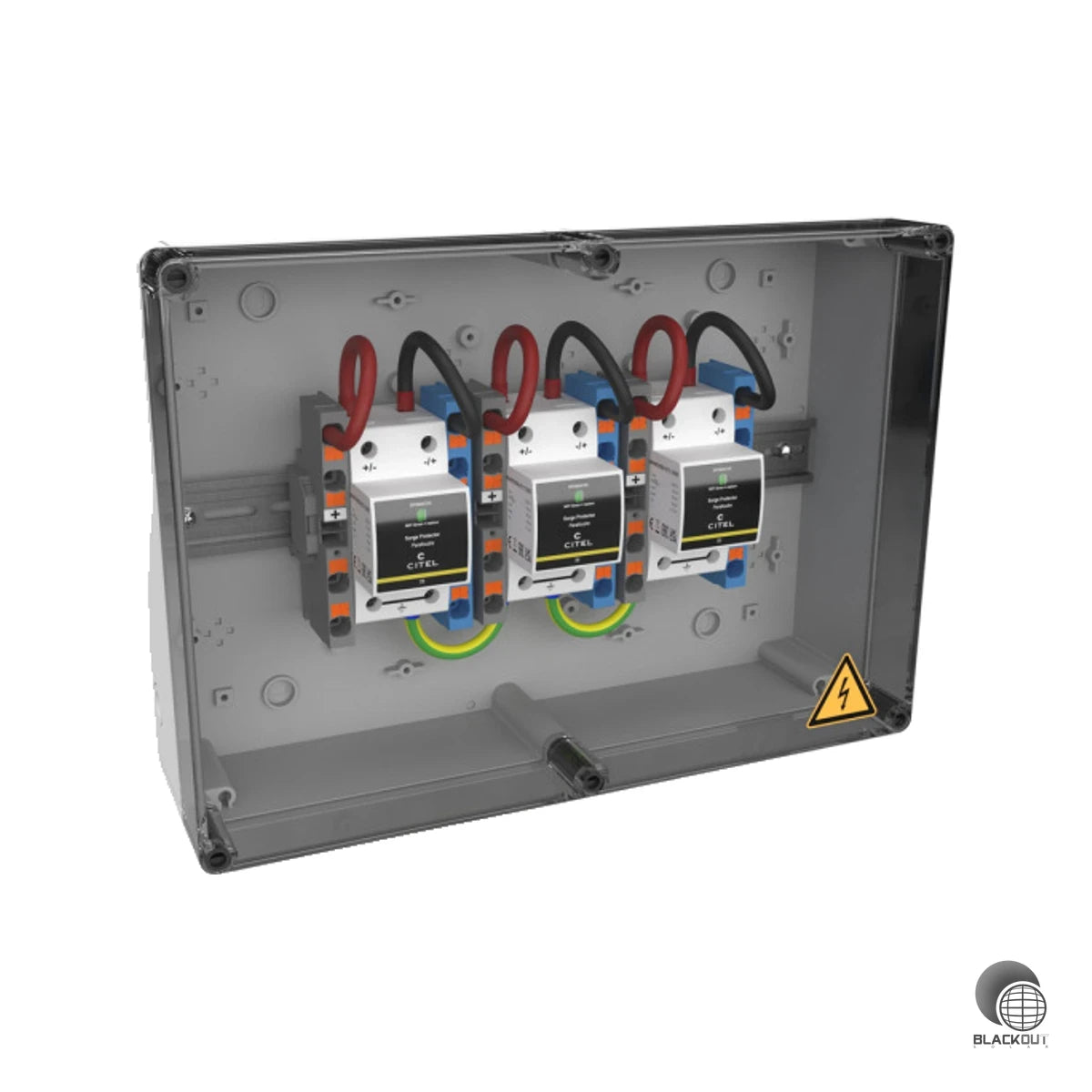 Kompakter DC-Generatoranschlusskasten (GAK) der Citel XS-Serie mit integriertem Überspannungsschutz Typ 2+3 für PV-Anlagen bis 1000 V DC — ideal für Gebäude der Blitzschutzklasse III/IV.
