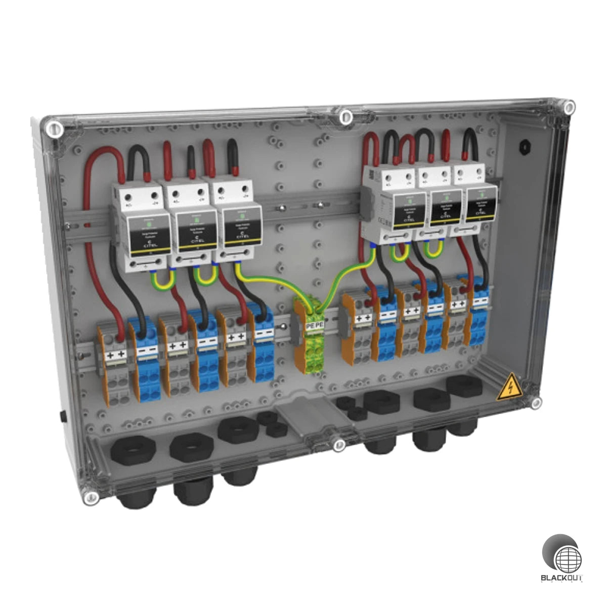 Kompakter DC-Generatoranschlusskasten der XS-Serie mit kombiniertem Überspannungsschutz Typ 2+3, 6 MPP-Eingängen und IP65 — optimiert für PV-Anlagen an Gebäuden der Blitzschutzklasse III/IV.