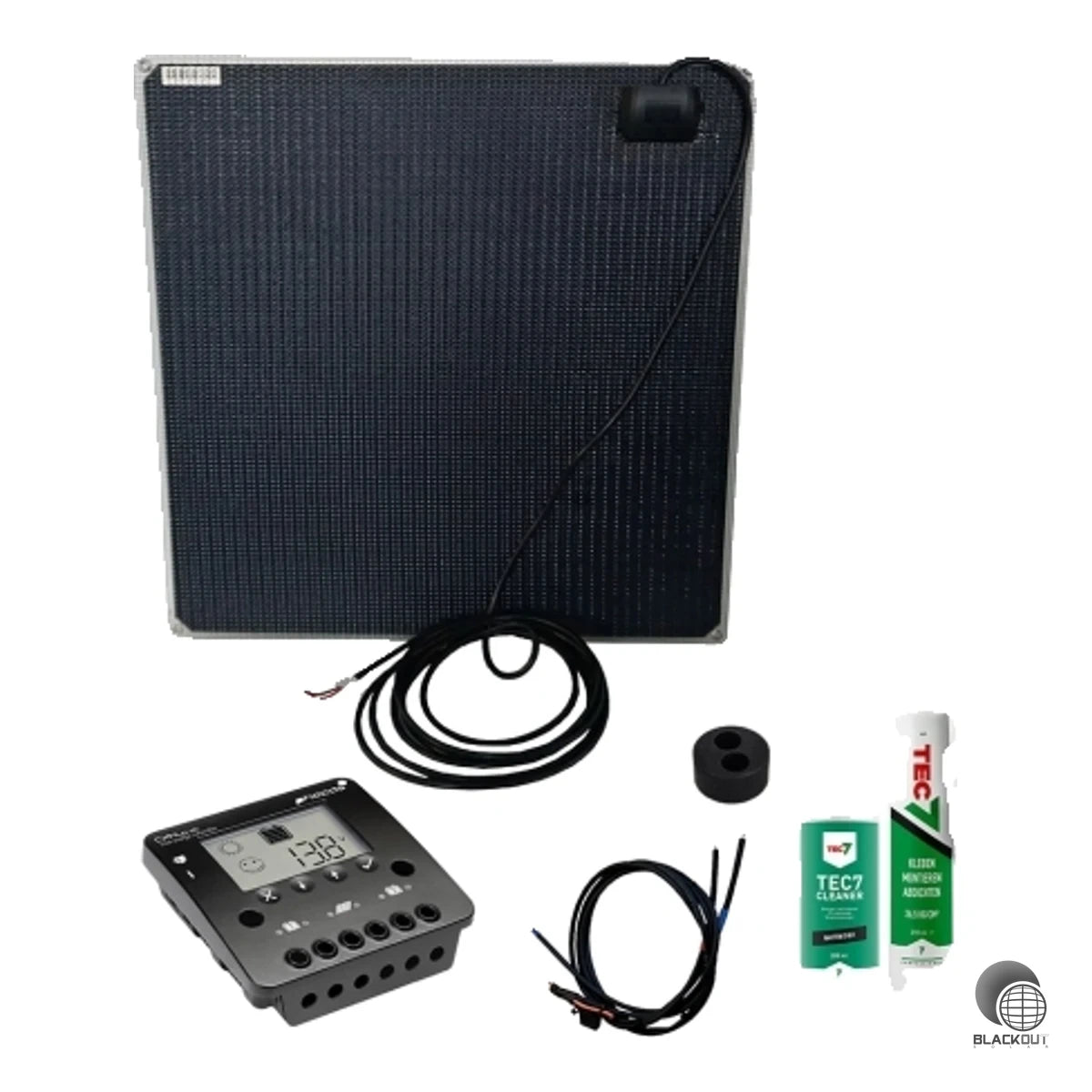 Komplett-Kit mit semiflexiblem 55W Solarmodul, Laderegler und Installationsmaterial für die mobile Stromversorgung auf Booten, Wohnmobilen und beim Camping.