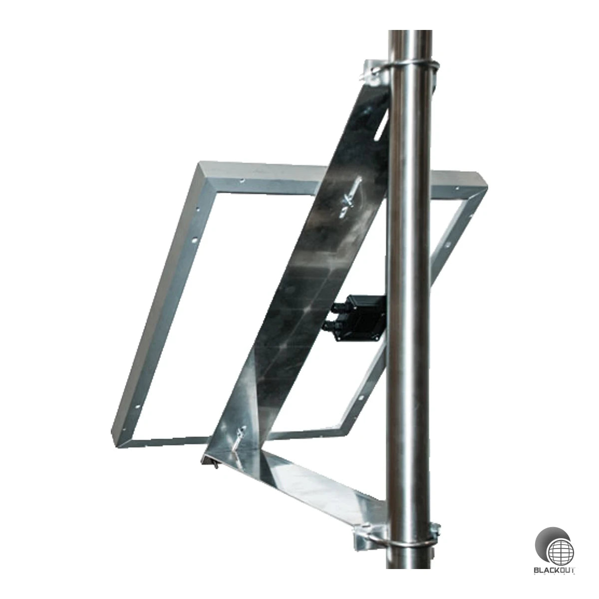 Flexibler Einzelmodulträger aus Aluminium für die Mast- oder Wandmontage von Solarmodulen bis 60W – mit festem 45°-Neigungswinkel und kompatibler Befestigung an Mastdurchmessern von 50–60 mm.