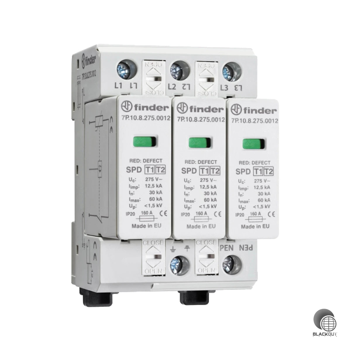 Kombinierter Blitz- und Überspannungsschutz der Typen 1 und 2 für Photovoltaikanlagen bis 1500 V DC — normkonform nach EN 61643-31 und platzsparend auf der Hutschiene montierbar.