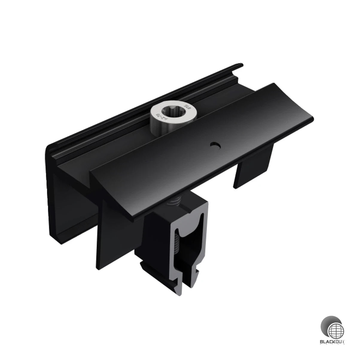 Flexible Endklemme für PV-Module auf Tragschienen – passt universell für Rahmenhöhen von 28 bis 45 mm und lässt sich mit nur einem Werkzeug montieren.