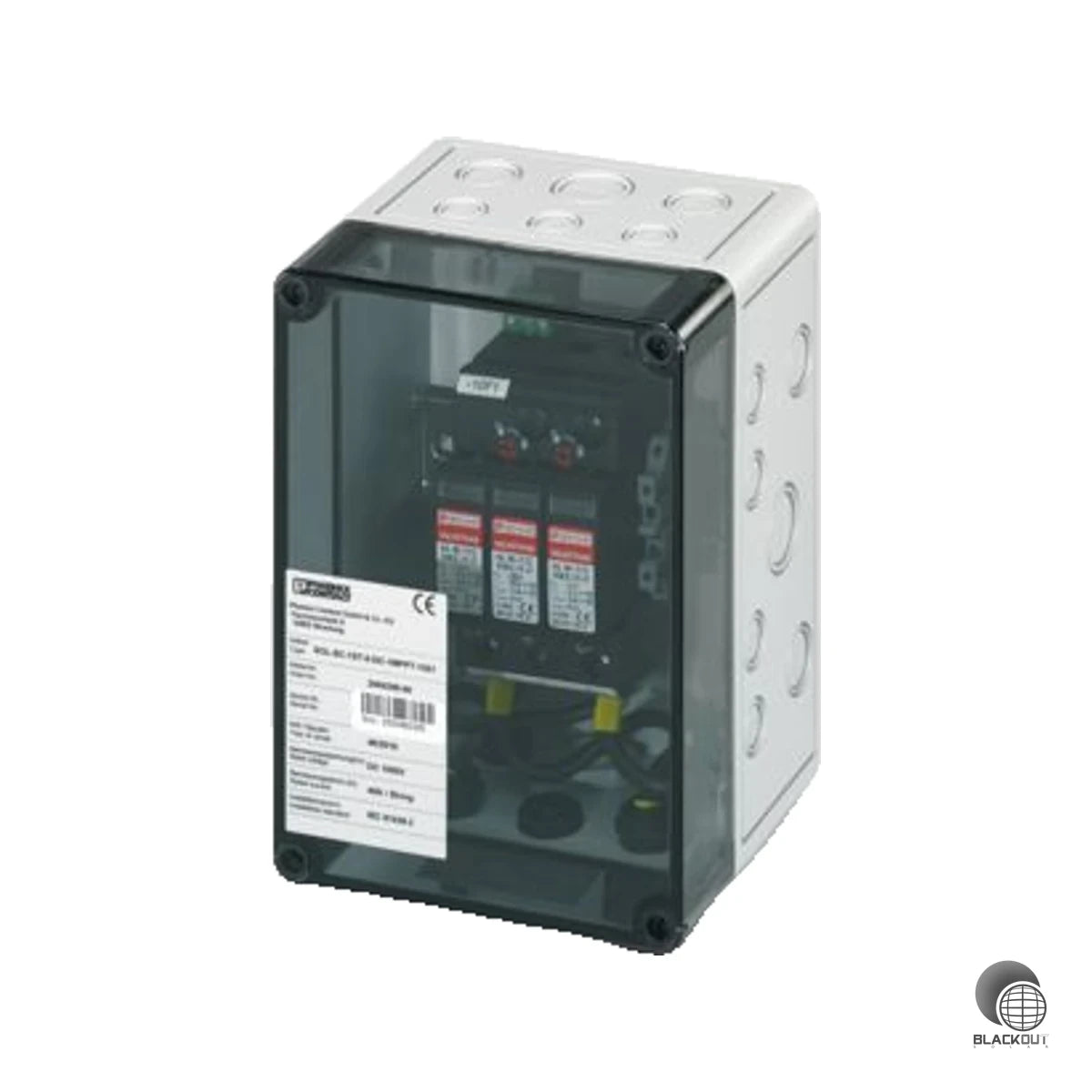 Kompakter Generatoranschlusskasten für 1-String-PV-Anlagen mit integriertem Überspannungsschutz der Klassen T1 und T2 – anschlussfertig mit MC4-Evo-2-Einführung.