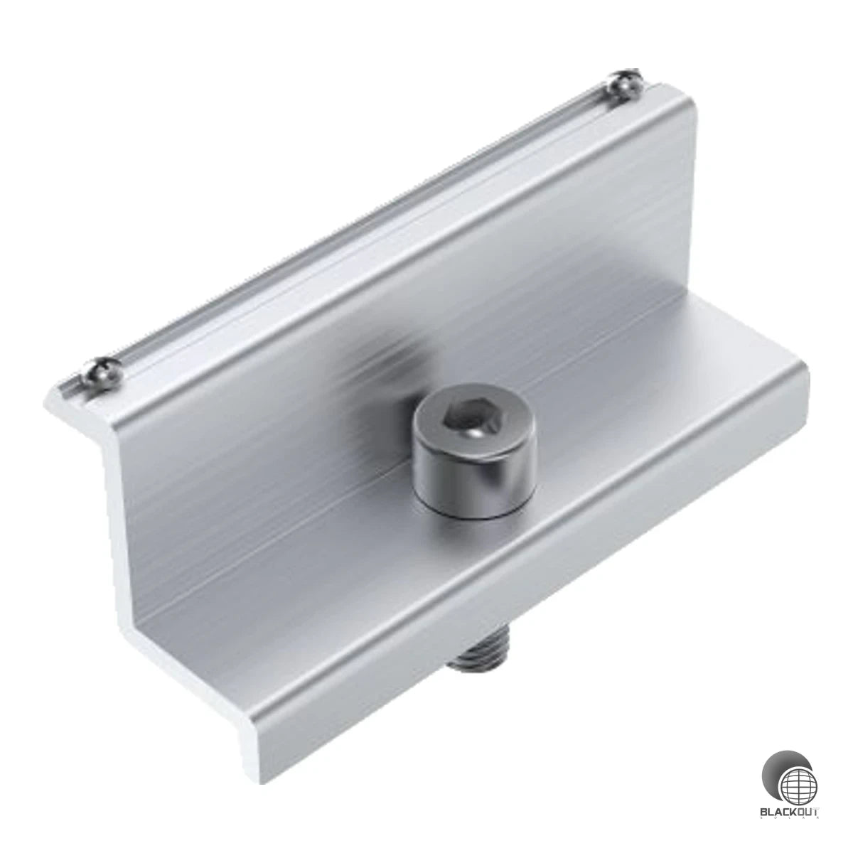 Vormontierte Modul-Endklemme für 30 mm Rahmenhöhe mit integrierten Erdungs-Pins für den Potenzialausgleich. Sichere Fixierung durch M8-Innensechskantschraube, gefertigt aus Aluminium und rostfreiem Edelstahl.