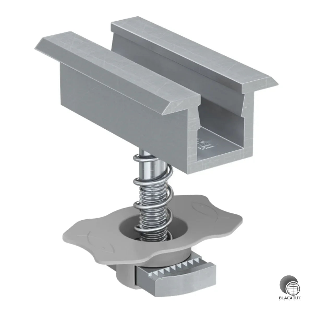 Vormontierte Mittelklemme für PV-Module mit Aluminiumrahmen und einer Moduldicke von 38–44 mm. Dank Hammermutter mit Kunststoffkäfig und Federmechanismus schnell und einfach zu montieren.