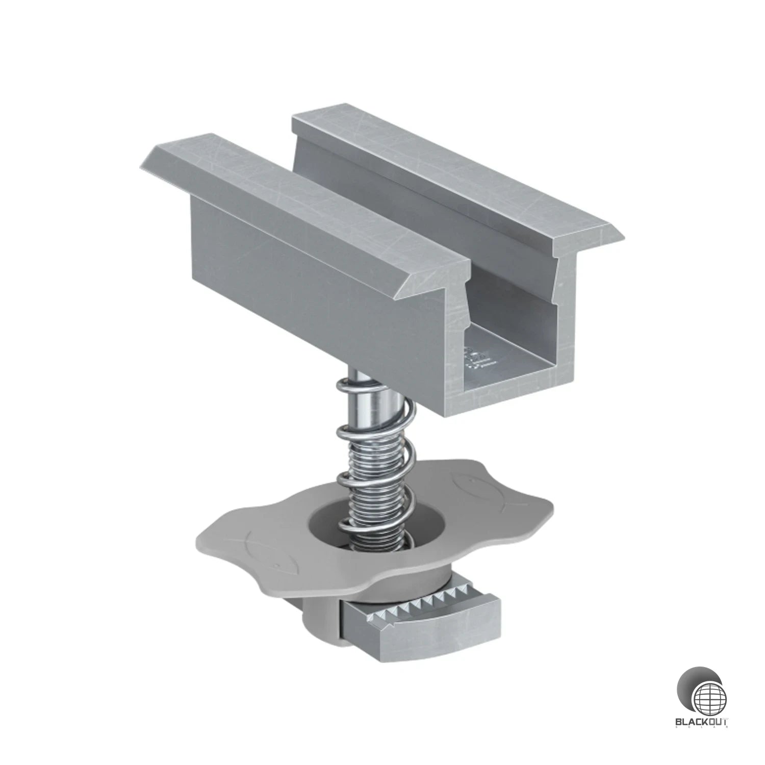 Vormontierte Mittelklemme für PV-Module mit Aluminiumrahmen und 38–44 mm Moduldicke. Dank Hammermutter mit Kunststoffkäfig und Federmechanismus schnell und werkzeugarm montierbar.